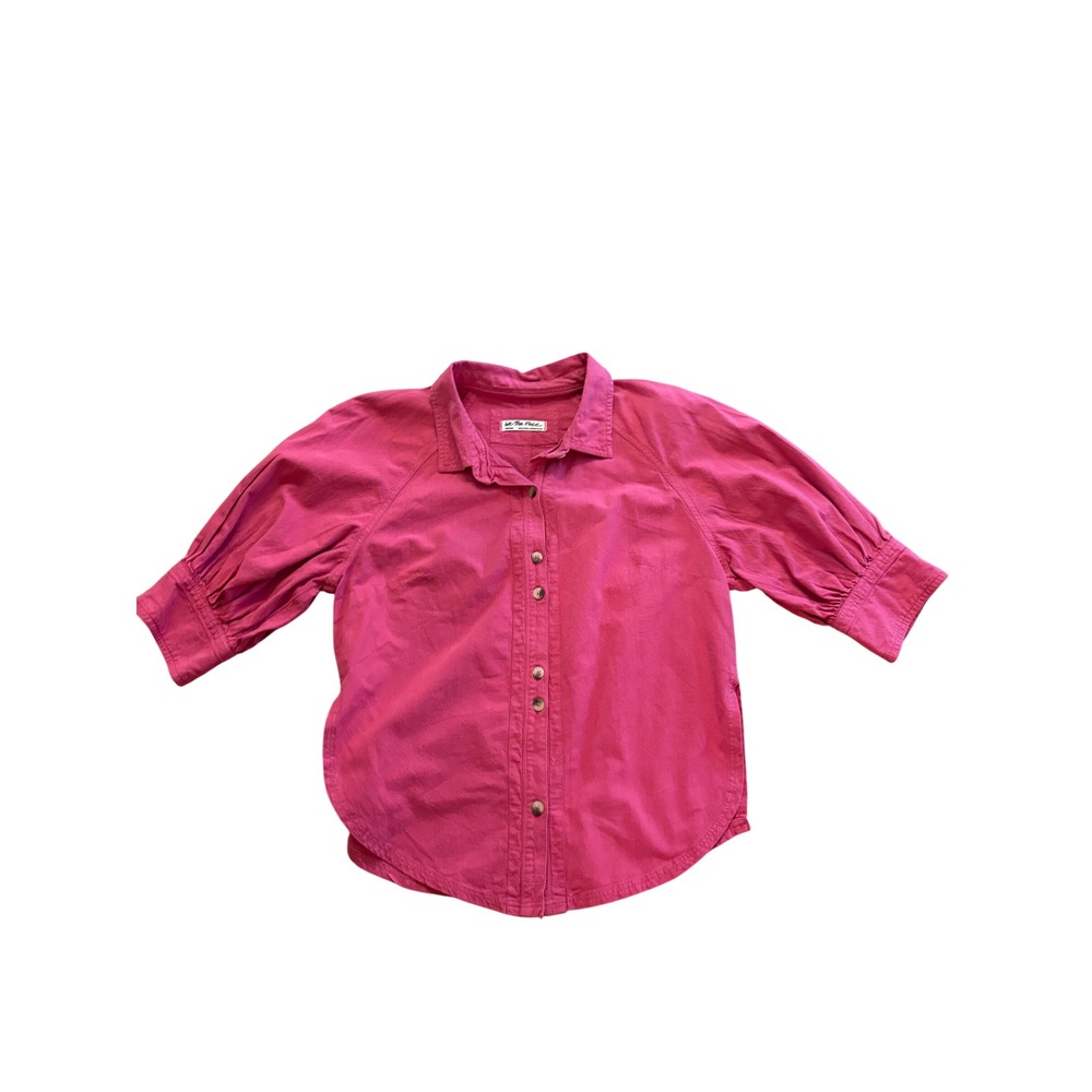 We The Free People Ellie Pink Cotton Puff Sleeve Button Down Shirt Medium